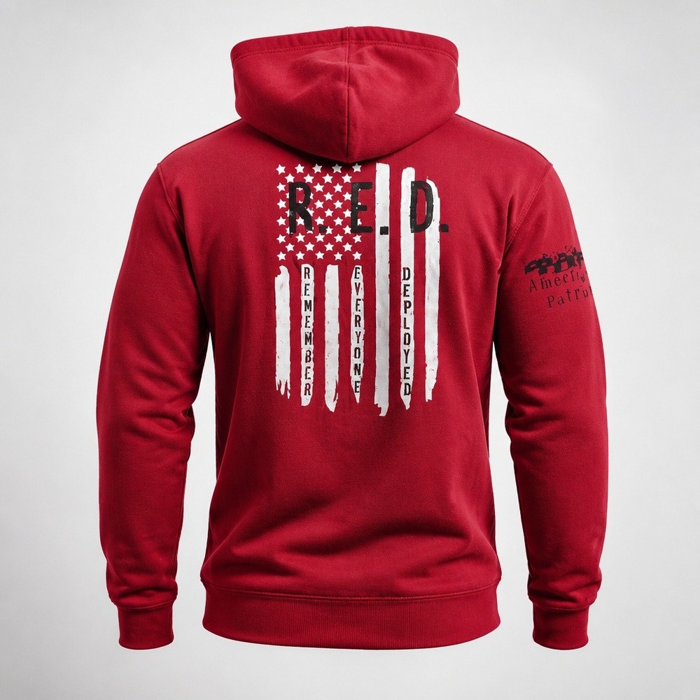 American Patriot RED Remember Everyone Deployed Hoodie Red Mens Medium